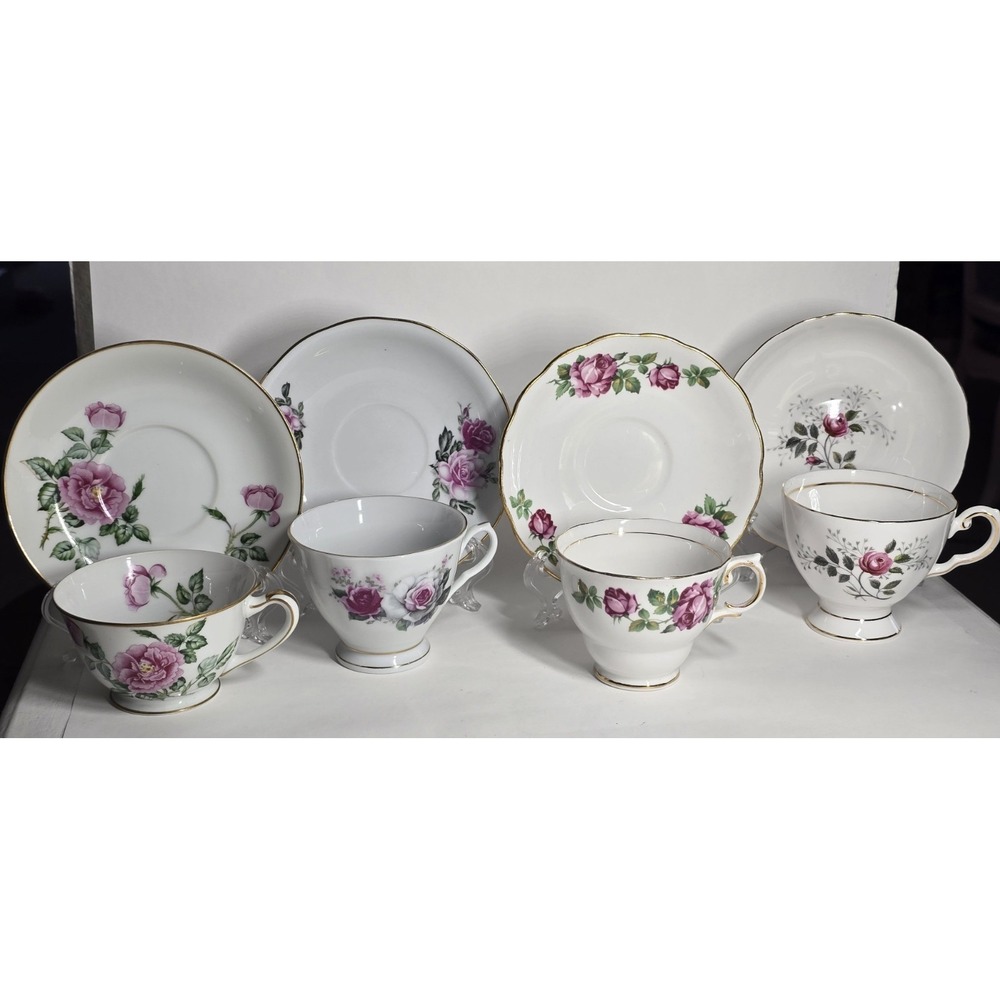 vintage rose tea cups and saucers lot mismatched set of 4